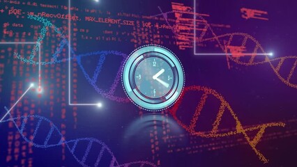 Animation of neon ticking clock over dna structures and data processing on purple background - Powered by Adobe