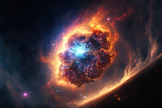 Big bang space illustration. Explosion in space. Colorful science-fiction image. Burst of explosion. Celestial collision. Big powerful light. Glowing sky. Bright supernova. Time warp. Generative AI