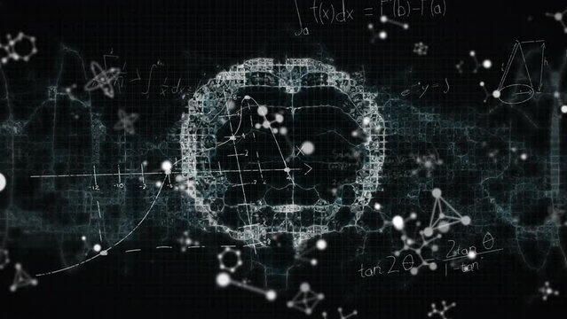 Animation of mathematical equations and molecular structures over spinning human brain icon