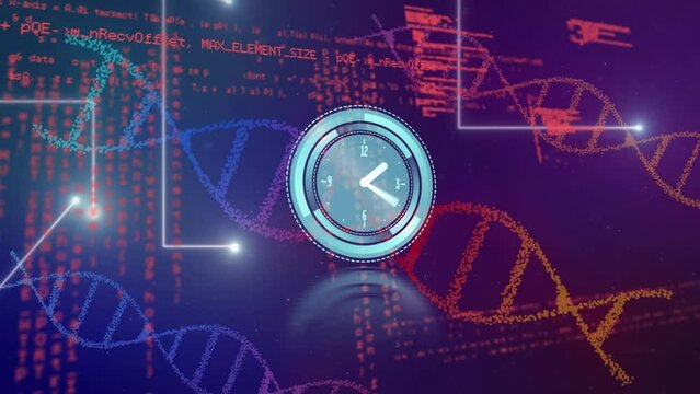 Animation of neon ticking clock over dna structures and data processing on purple background