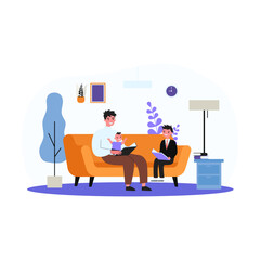 Single father reading book to children. Man with baby and son on sofa, adult and child holding books flat vector illustration. Family, leisure concept for banner, website design