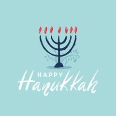 Happy Hanukkah poster, card with creative symbols in flat style. Brush strokes modern design for card, banner, typography.Happy Hanukkah greeting card with menorah. Vector illustration.