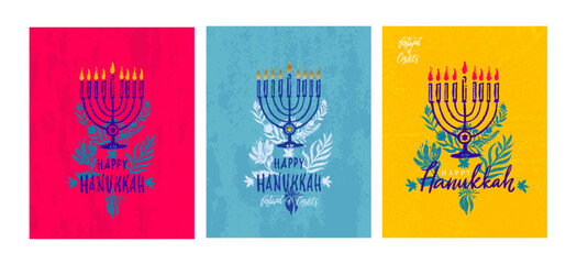 Set of hand drawn Hanukkah greeting cards. Template print for posters, invitations, holiday cards. Happy Hanukkah. Festival of lights. Calligraphy banners in vintage colors. Vector illustration.