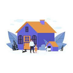 Happy man, girl and dogs in front of house. Backyard, guardian, kennel flat illustration. Lifestyle and domestic animals concept for banner, website design or landing web page