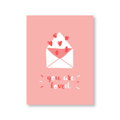 Vector valentines day card. Cute flat hand drawing design letter with hearts. You are loved message