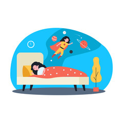 Girl having fantastic dreams while sleeping at night. Flat vector illustration. Little girl dreaming of flying into space as superhero in mantle. Sleeping, dream, childhood concept