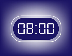 08:00 Hours alarm design. Icon of alarm clock setting appointment time. Clock with digital numbers on blue gradient background