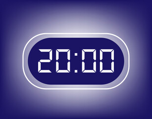 20:00 Hours alarm design. Icon of alarm clock setting appointment time. Clock with digital numbers on blue gradient background
