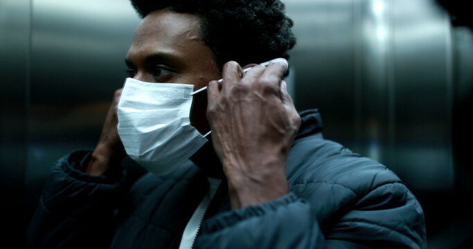 African American Man Wearing Covid Mask Inside Elevator, Virus Prevention