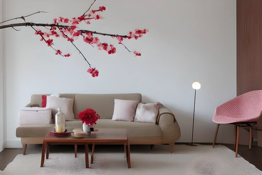 3321103769-mdjrny-v4 style  sakura interior composition with cherry twig in the house next to armchair and coffee ### frame, bor 