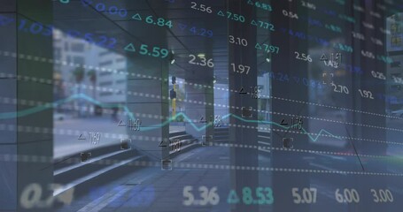 Animation of stock market data processing against view of city traffic from office - Powered by Adobe