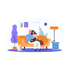 Cartoon grandparents and little grandchild. Flat vector illustration. Grandfather, grandmother sitting on couch, holding little baby in blue blanket with cat beside