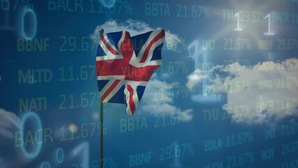Animation of binary coding and stock market data processing over waving uk flag against blue sky - Powered by Adobe