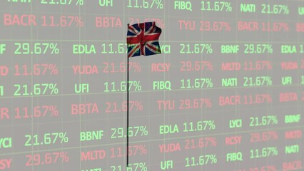 Animation of stock market data processing over waving uk flag against grey background - Powered by Adobe
