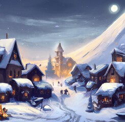snowy village with christmas decoration