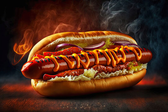 Hotdog With Grilled Sausage Seasoned With Delicious Spreading Mustard On Dark Background