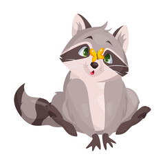 Cute raccoon character looks at yellow butterfly sitting on nose. Vector illustration of small wild forest animal isolated on white. Woodland, nature, mascot concept