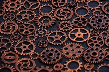 Background with metal, various, copper gears.