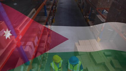 Animation of flag of jordan over diverse workers in warehouse - Powered by Adobe