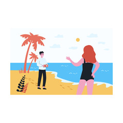 Photographer taking picture of woman on seashore. Man holding camera, photoshoot on beach flat vector illustration. Photography, holiday, vacation concept for banner