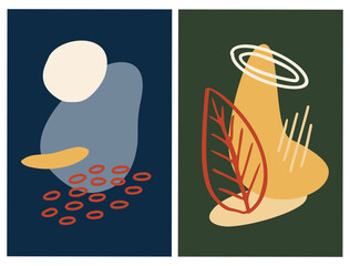 Abstrast shape and floral, modern wall art poster set. Hand drawn lines and organic shape graphic print. Abstract Plant Art design for print, cover, wallpaper, social media. Vector illustration.