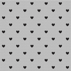 Mesh in black hearts seamless vector pattern. Fabric ornament for sexy transparent lingerie and stockings. 