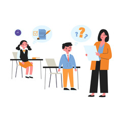 Cartoon teacher conducting class for excellent and bad pupils. Flat vector illustration. Teacher asking confused boy question and girl thinking about right answer