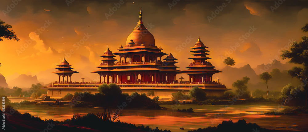 Wall mural Illustration with a temple in India, Delhi.