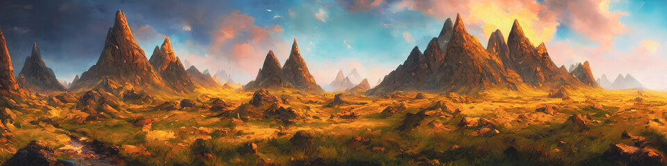 Naklejka na ściany i meble Beautiful fantasy mountain landscape. Panoramic.