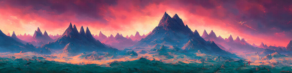 Fototapeta na wymiar Beautiful fantasy mountain landscape. Panoramic.