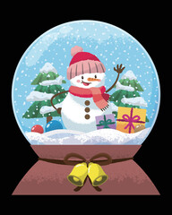 Christmas snow globe with a cute snowman in a hat and scarf is snowing on a wood stand. Merry Christmas flat vector illustration.
