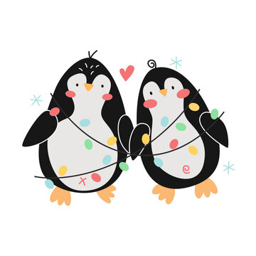 Cute couple of penguins in love, cartoon character vector illustration. Funny comic bird isolated on white background. Winter activities concept