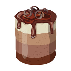 Chocolate dessert. Vector illustration of sweet food and snacks. Cartoon mousse cake with chocolate icing isolated on white. Confectionery, pastry shop menu concept