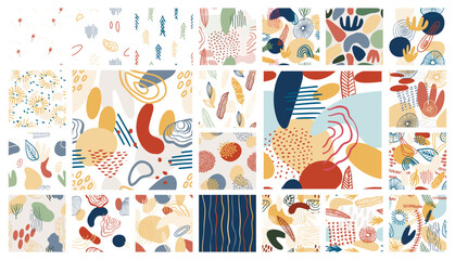 Abstract pattern set with organic shapes, plants, nature texture. Organic spots background. Collage seamless pattern with nature texture. Trendy vector background collection for cover, social media.