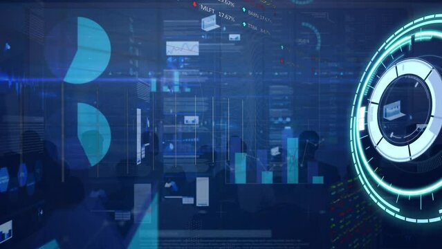 Animation of interface with data processing and round scanner over silhouettes of businesspeople