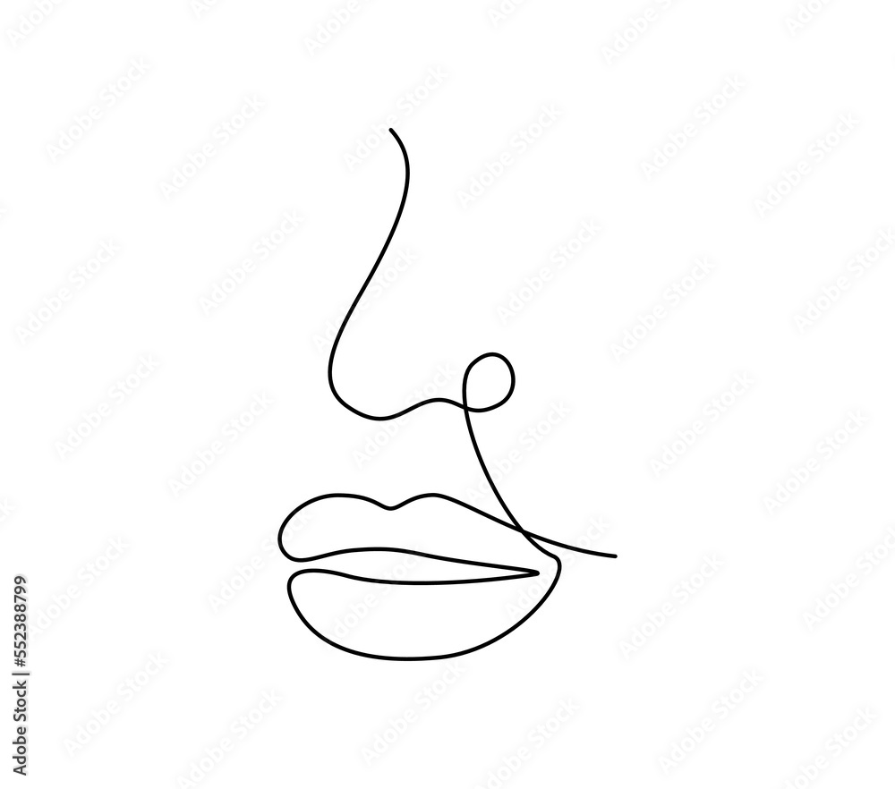 Poster one continuous line drawing of mouth and lips. outline face portrait of makeup and lipstick in simpl