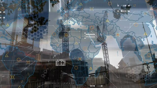 Animation of data processing over world map against construction site