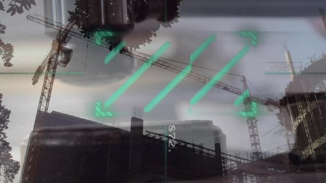Animation of changing number and neon green scanner over construction site