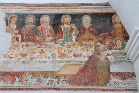 BONDO, SWITZERLAND - JULY 21, 2022: The fresco of last supper in the St. Martins church from 15. cent.