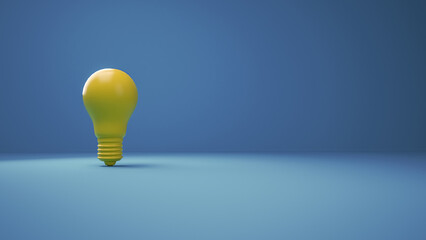 Yellow Lightbulb on a blue background. Horizontal composition with negative space on the right. Concept of Creativity and innovation.