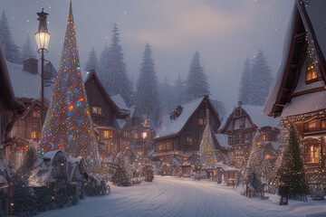 Fototapeta premium Digital painting of a Nordic village decorated with lights built inside a snowy mountain - AI Generated