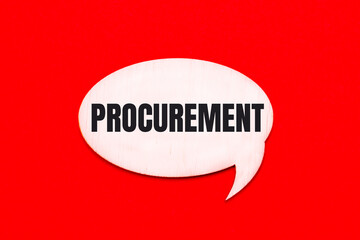 On a bright red background, a light wooden curly card with the text PROCUREMENT