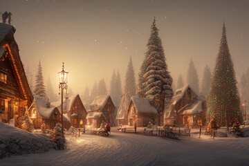 Digital painting of a Nordic village decorated with lights built inside a snowy mountain  - AI Generated