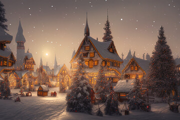 Fototapeta na wymiar Digital painting of a Nordic village decorated with lights built inside a snowy mountain - AI Generated