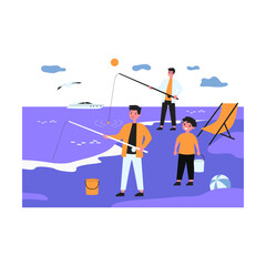 Fototapeta premium Cartoon father fishing at beach with his sons. Flat vector illustration. Kids enjoying their summer vacation with dad, playing with sand and fishing. Sea resort, vacation, family