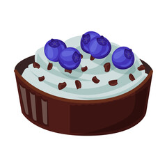 Chocolate dessert. Vector illustration of sweet food and snacks. Cartoon blueberry biscuit isolated on white. Confectionery, pastry shop menu concept