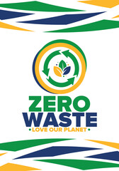 Zero Waste. Ecology poster. Refuse and Reduce. To Reuse and Recycle. Green January for environment. Eco friendly lifestyle. Save the planet. No plastic, only eco bag. Vector illustration