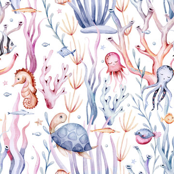 seamless pattern of sea cartoon animals. Blue watercolor ocean fish, turtle, whale and coral. Shell aquarium dolphin, crab octopus Nautical marine illustration, jellyfish, starfish