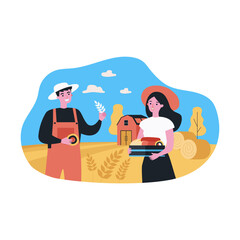 Male and female farmers with homemade bread in front of barn. Happy couple making bread in countryside flat vector illustration. Agriculture, bakery concept for banner