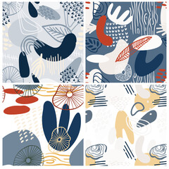 Abstract pattern set with organic shapes, plants, nature texture. Organic spots background. Collage seamless pattern with nature texture. Trendy vector background collection for cover, social media